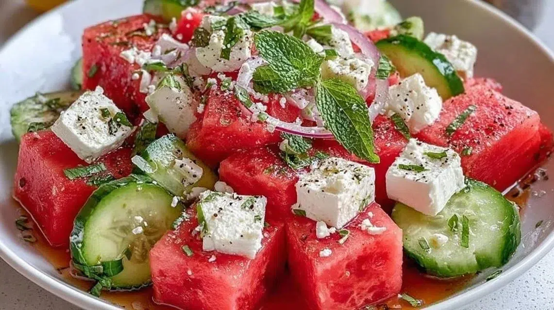 Refreshing Watermelon Cucumber Feta Salad served in a bowl