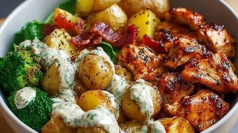 Skinny Chicken and Roasted Potato Bowl with fresh vegetables and spices