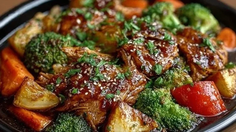 Slow cooker honey garlic chicken with colorful vegetables ready to serve