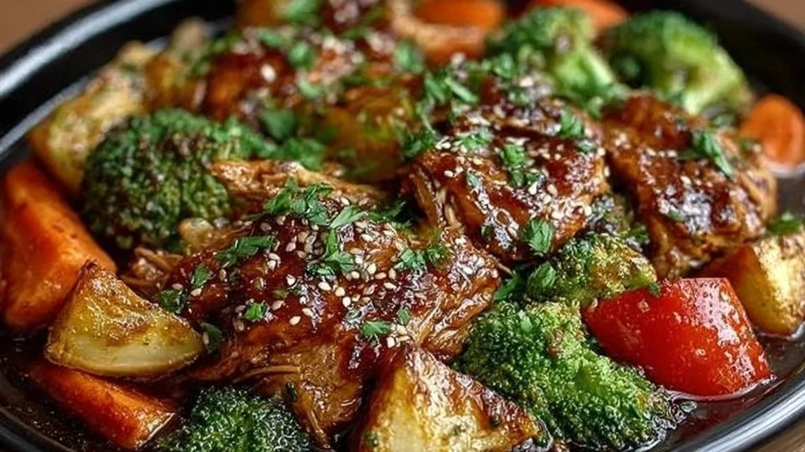 Slow cooker honey garlic chicken with colorful vegetables ready to serve