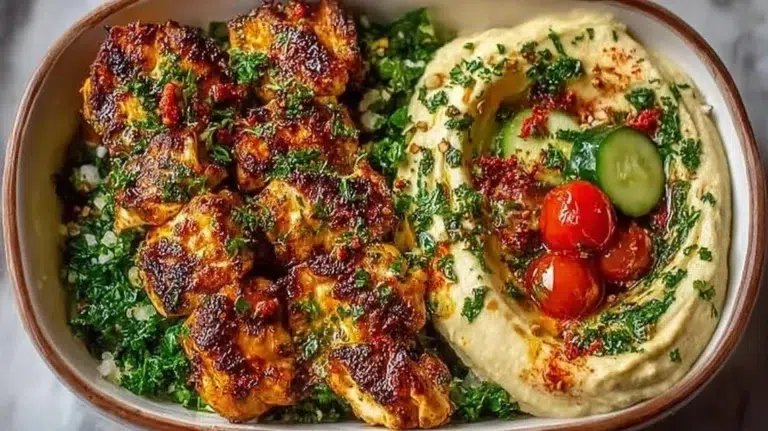 Delicious Spicy Garlic Chicken Bowl served with hummus and cucumber salad