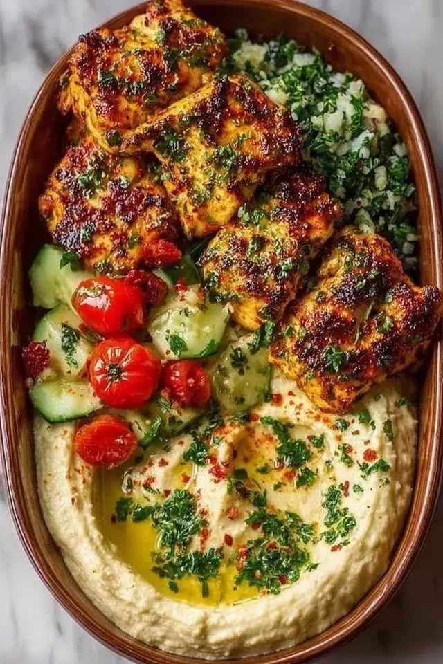 Spicy Garlic Chicken Bowl with Hummus & Cucumber Salad Recipe