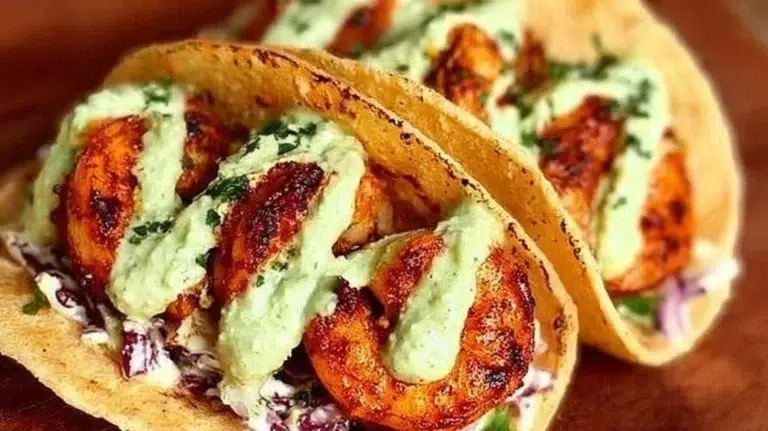 Delicious spicy shrimp tacos served with fresh toppings and lime wedges