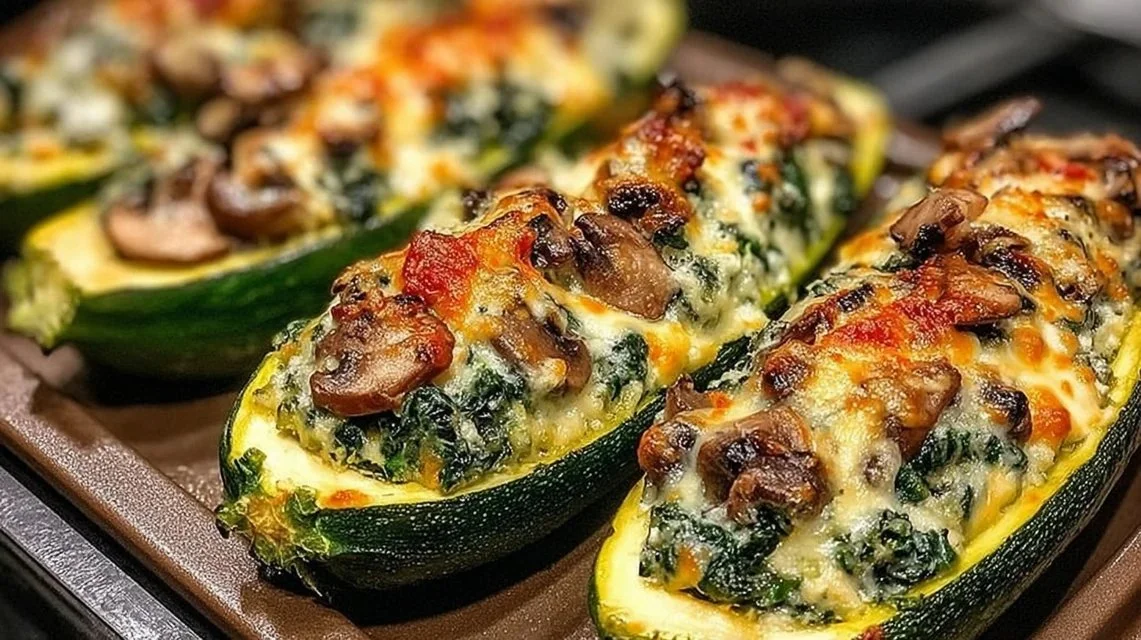 Spinach, Mushroom, and Ricotta stuffed zucchini boats ready to serve