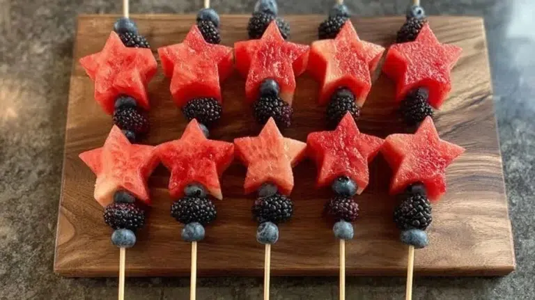 Colorful Star-Spangled fruit skewers perfect for summer celebrations.