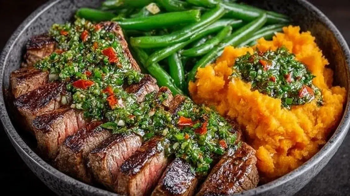 Delicious Steak Bowl with sweet potato mash and garlic green beans