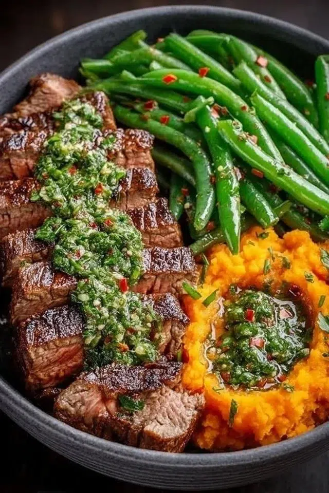 Steak Bowl with Sweet Potato Mash & Garlic Green Beans