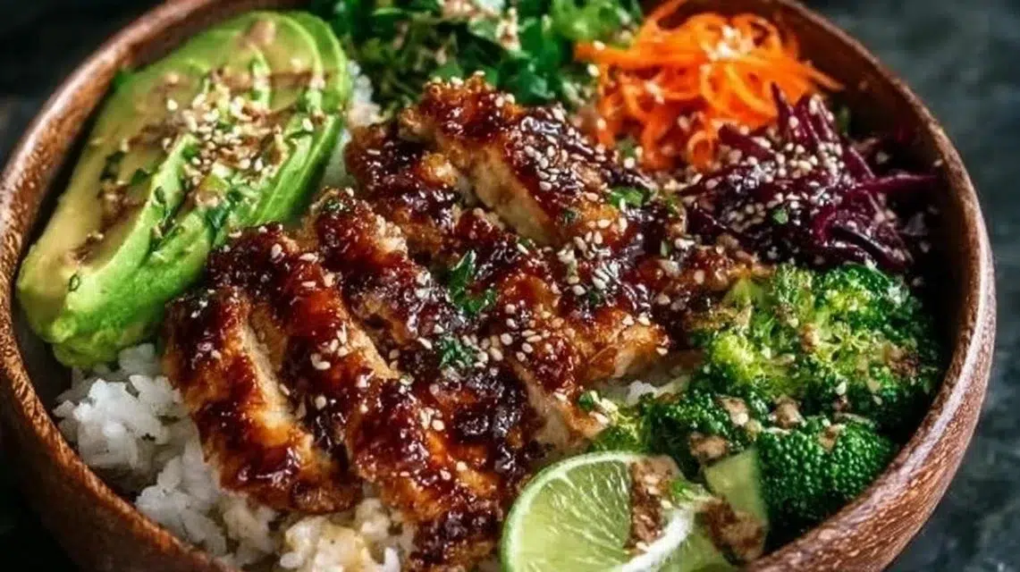 Delicious Sticky Chicken Bowls with fresh veggies and savory sauce