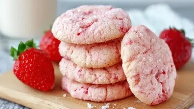 Delicious Strawberry Cake Mix Cookies stacked on a plate