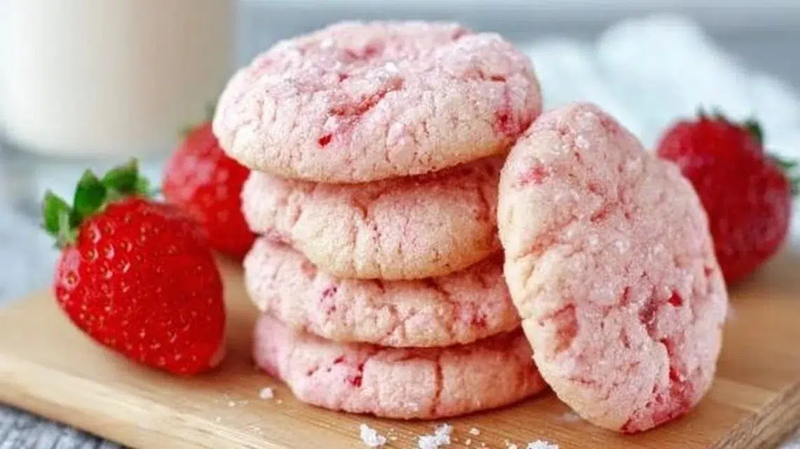 Delicious Strawberry Cake Mix Cookies stacked on a plate