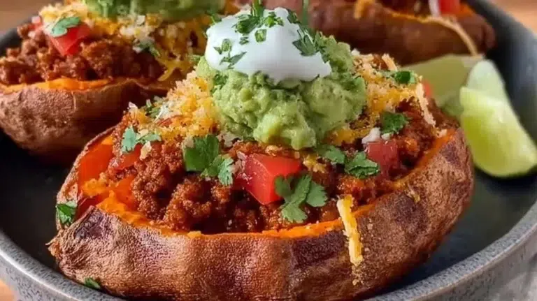 Delicious taco stuffed sweet potatoes topped with zesty ingredients.