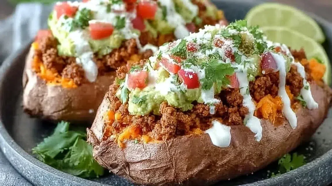 Taco stuffed sweet potatoes topped with fresh ingredients and spices