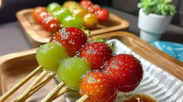 A close-up of candied hawthorn skewers, resembling Tanghulu, a popular Asian street snack.