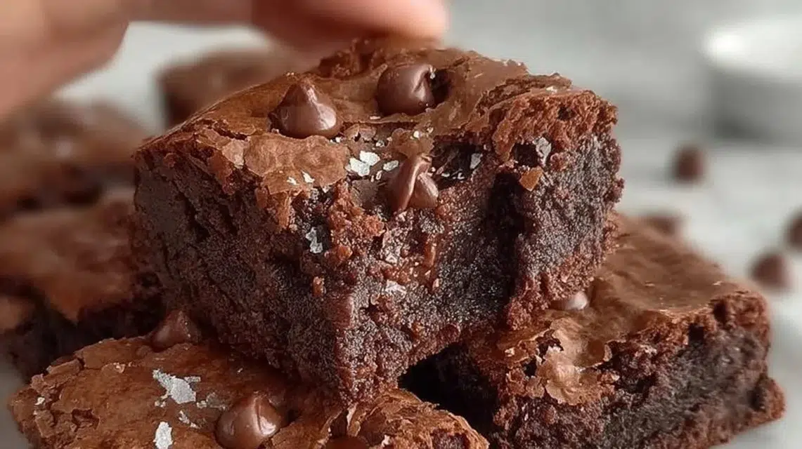 Delicious homemade brownies topped with chocolate chips