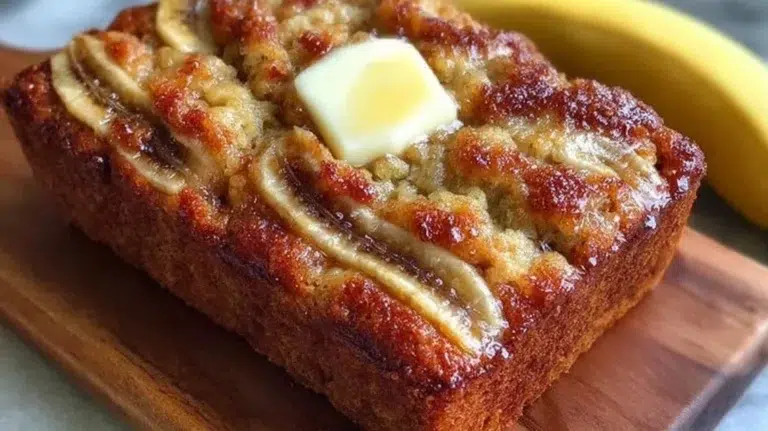 Loaf of the world's best banana bread with golden crust and sliced bananas on top
