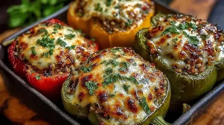 Colorful vegetarian stuffed bell peppers filled with vegetables and grains