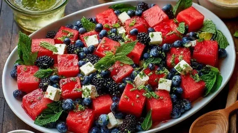 Refreshing watermelon blueberry salad with fresh fruits in a bowl.