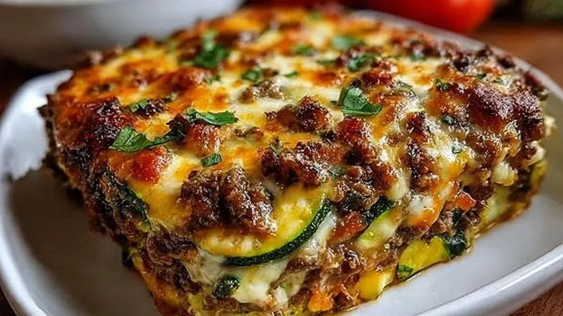 Delicious zucchini pizza casserole topped with cheese and fresh vegetables