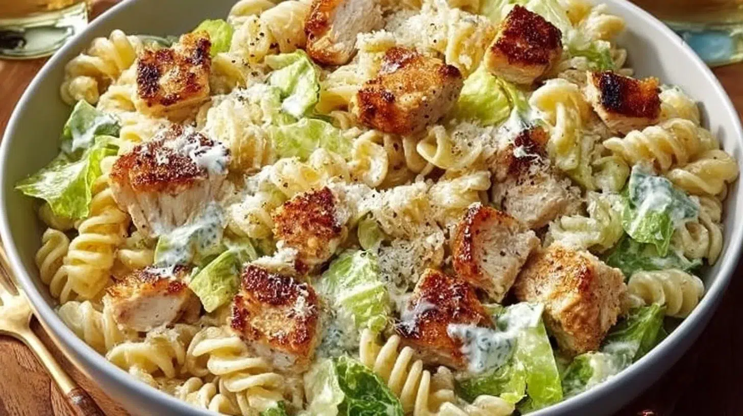30-Minute Chicken Caesar Pasta Salad with fresh ingredients and dressing