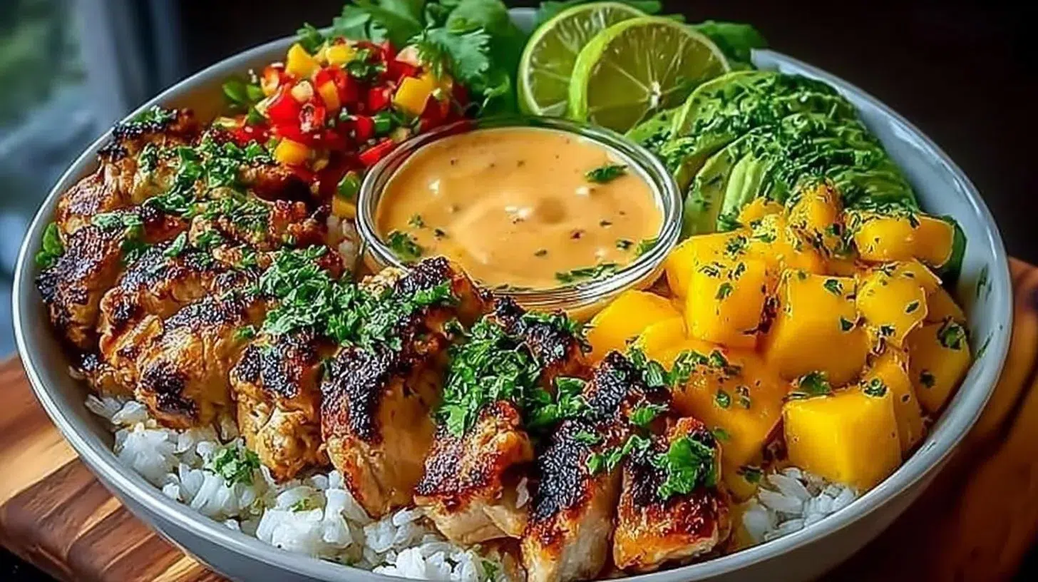 30-Minute Chicken Mango Rice Bowl with colorful ingredients and fresh herbs.