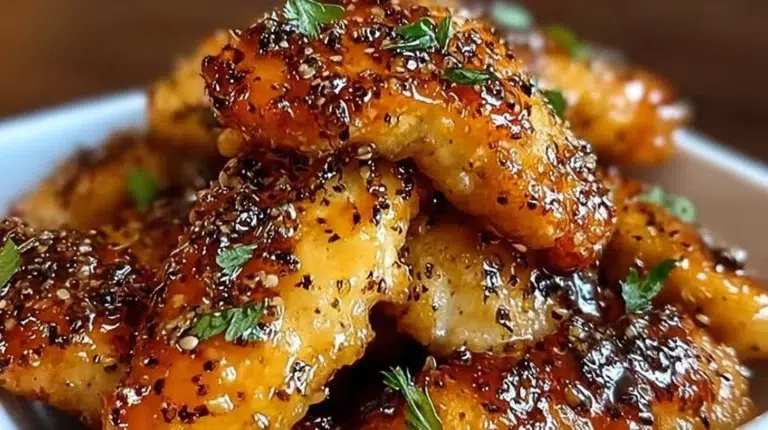 Air Fryer honey butter garlic chicken tenders on a plate garnished with herbs