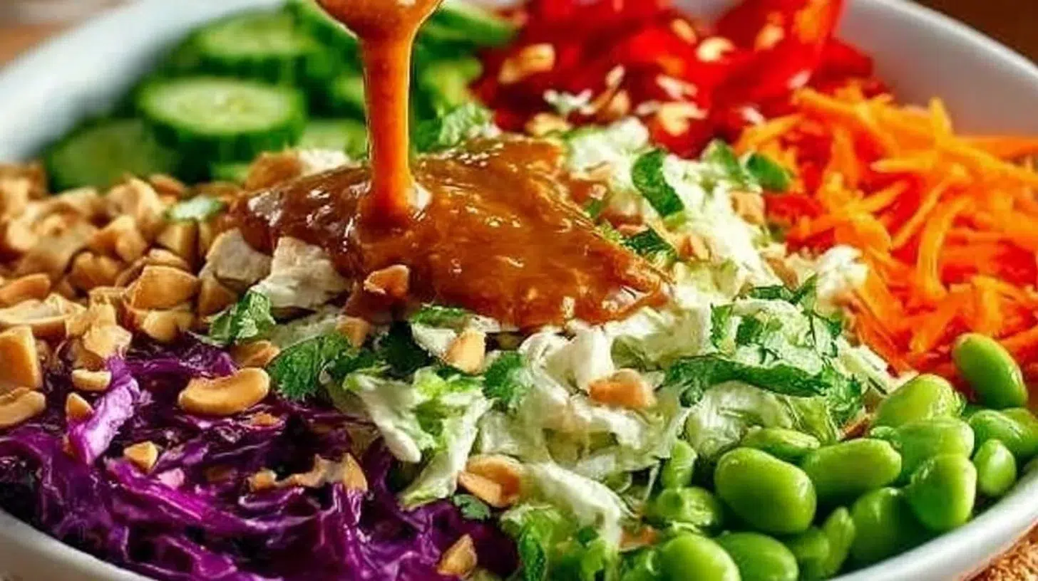 Delicious Asian Chicken Crunch Salad with mixed vegetables and sesame dressing