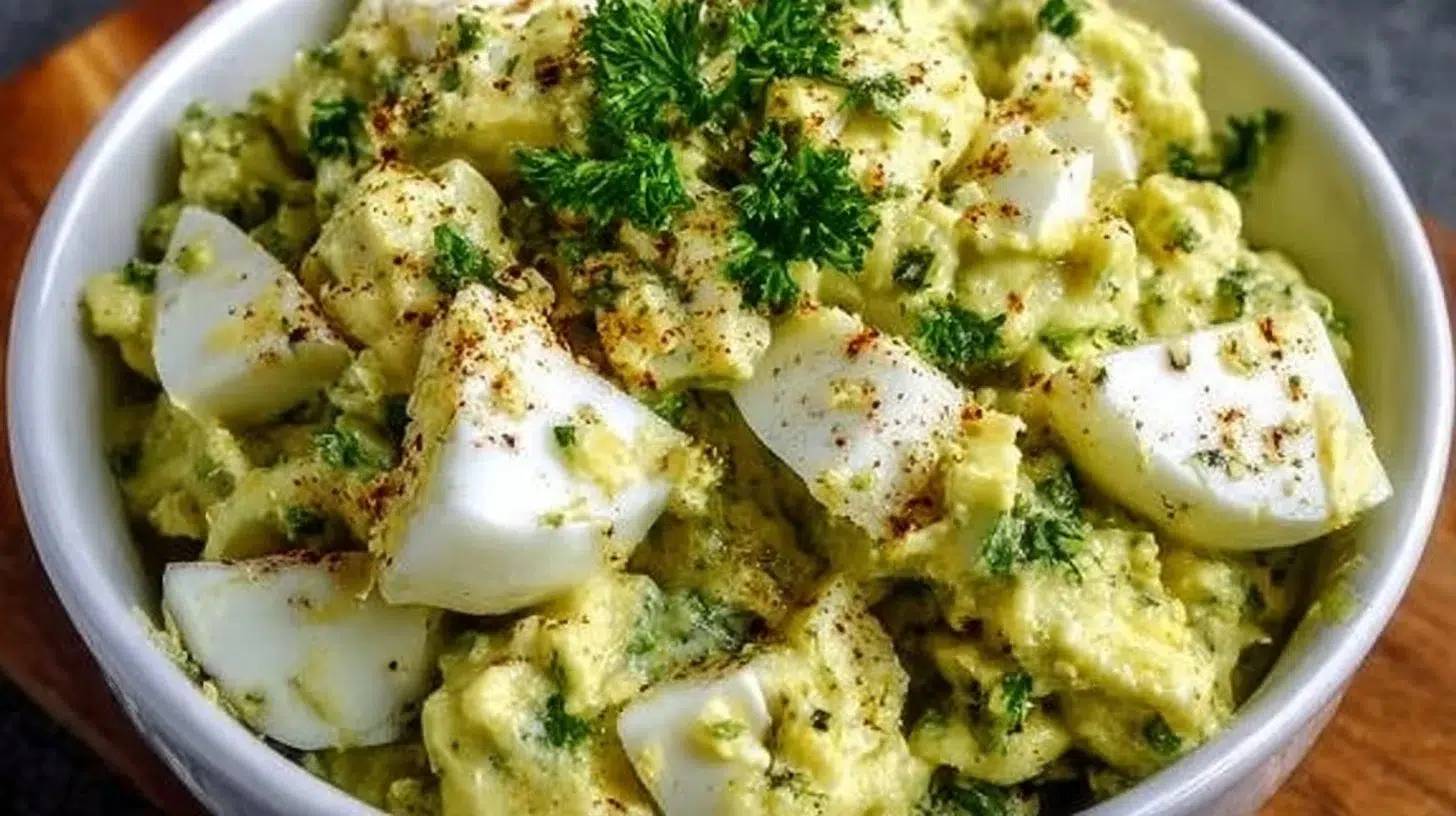 Delicious avocado egg salad served in a bowl with fresh herbs and spices