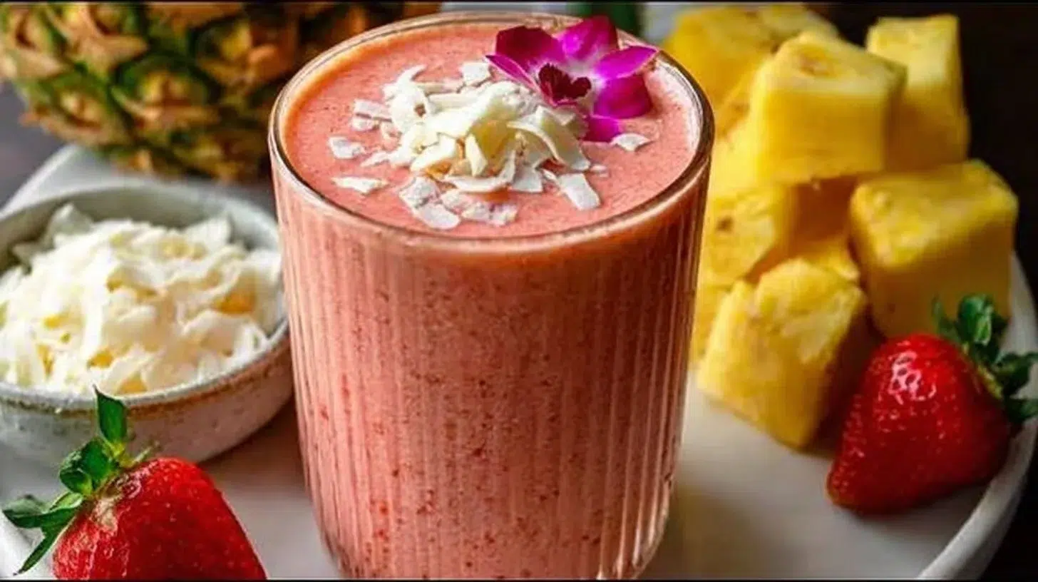 Delicious Bahama Mama Tropical Smoothie in a glass with tropical fruits