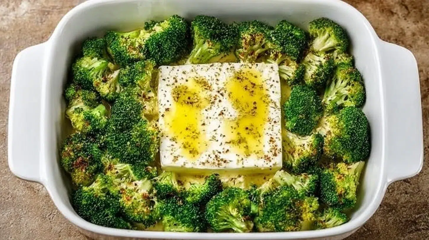 Baked feta pasta with broccoli in a creamy sauce served on a plate.