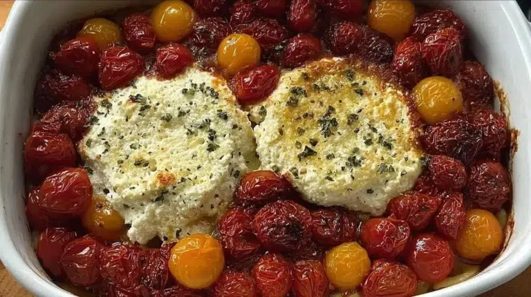 Baked feta pasta with Boursin, sundried tomatoes, and spinach in a serving dish.