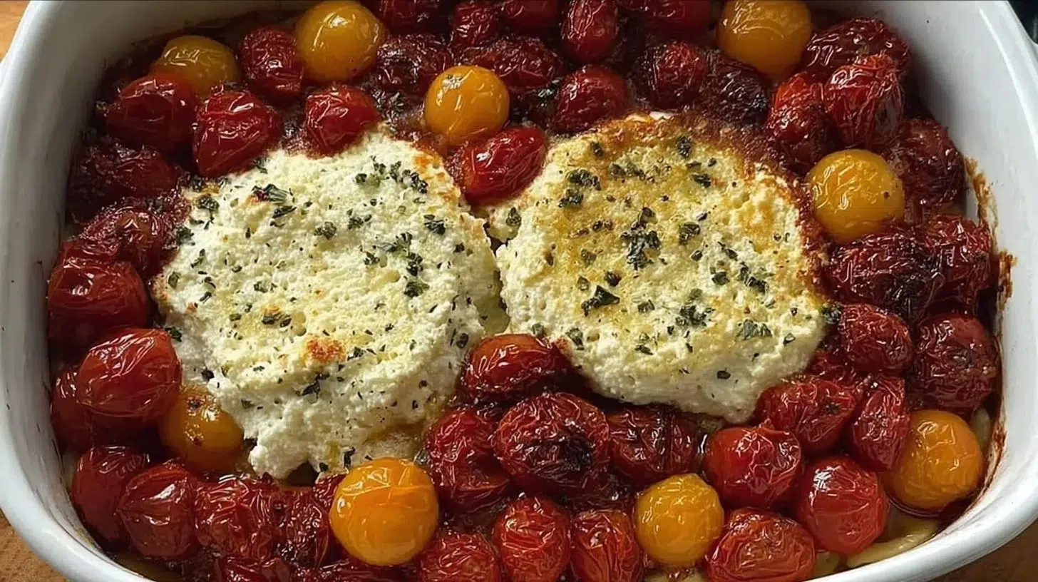 Baked feta pasta with Boursin, sundried tomatoes, and spinach in a serving dish.