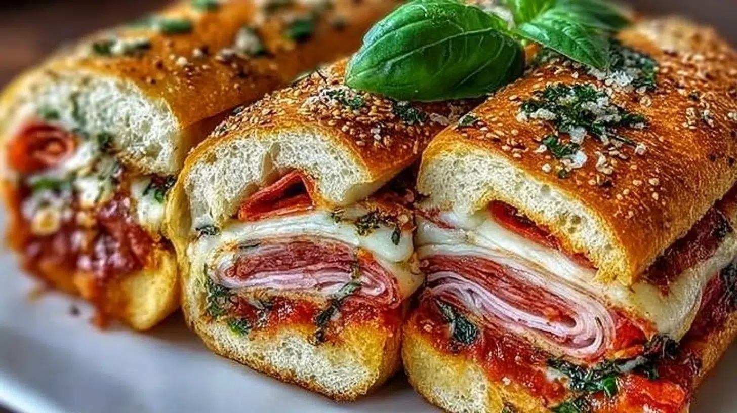 Baked Italian grinder sandwich loaded with meats, cheese, and herbs