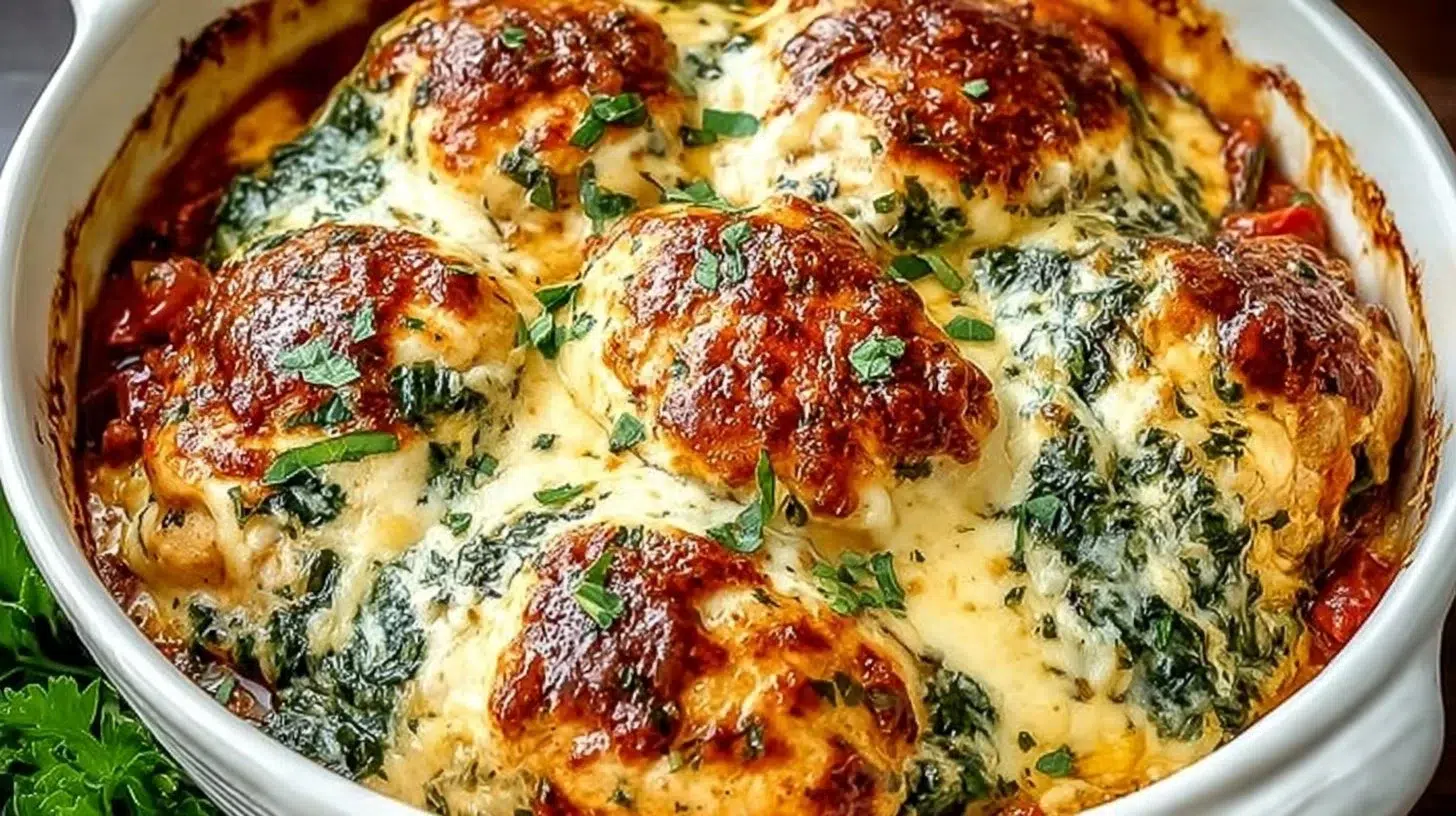 Baked Tuscan Chicken Casserole topped with herbs and cheese