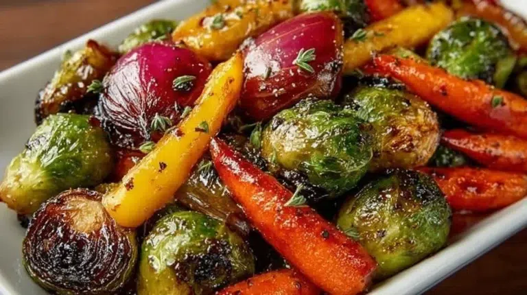Balsamic glazed roasted vegetables on a serving platter garnished with herbs