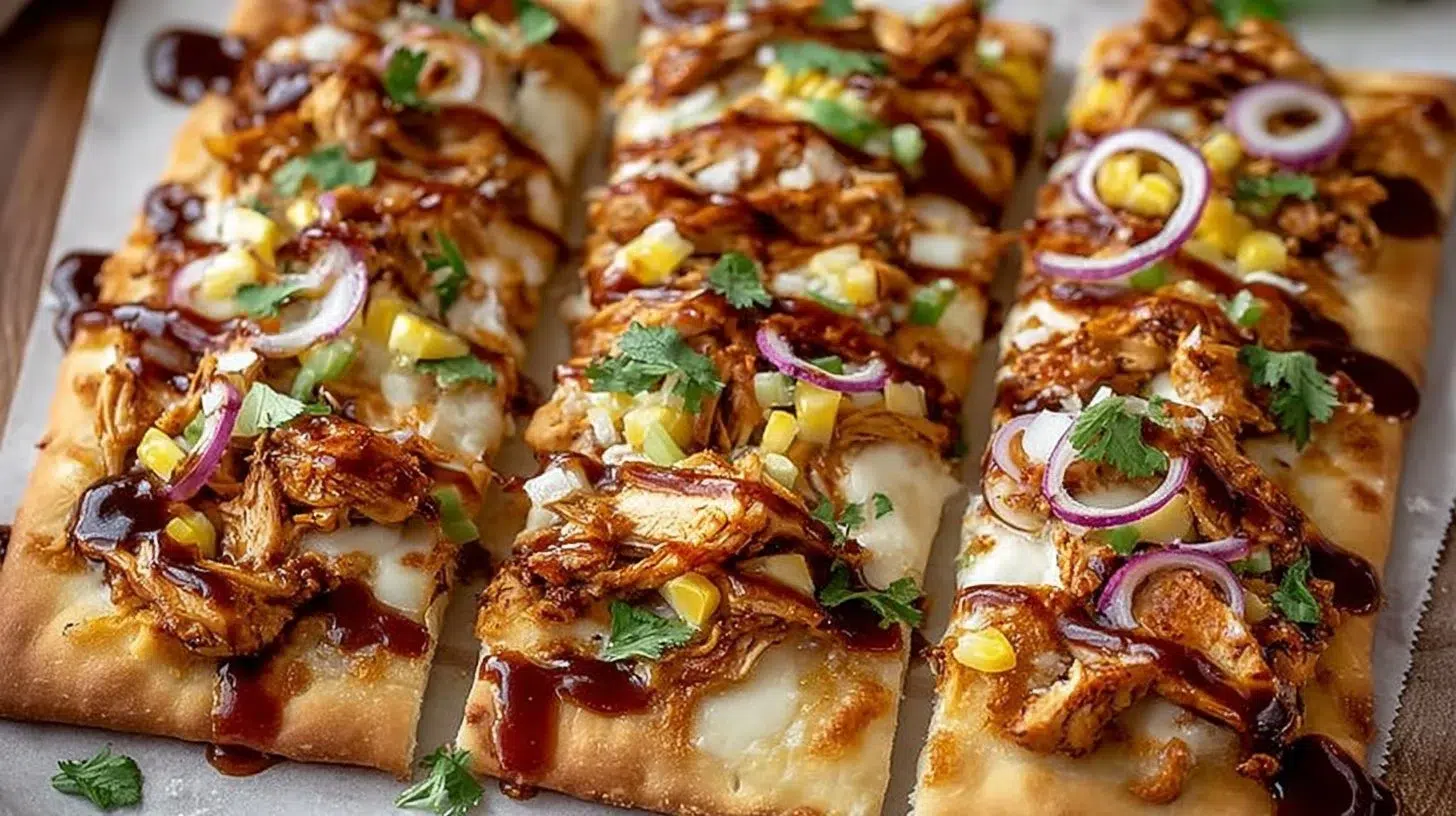 BBQ chicken flatbread topped with fresh ingredients and drizzled with BBQ sauce