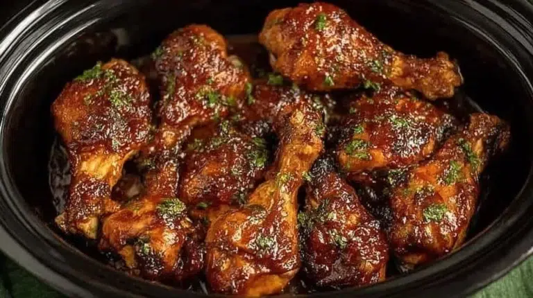 Crock pot BBQ chicken legs served on a plate with barbecue sauce.