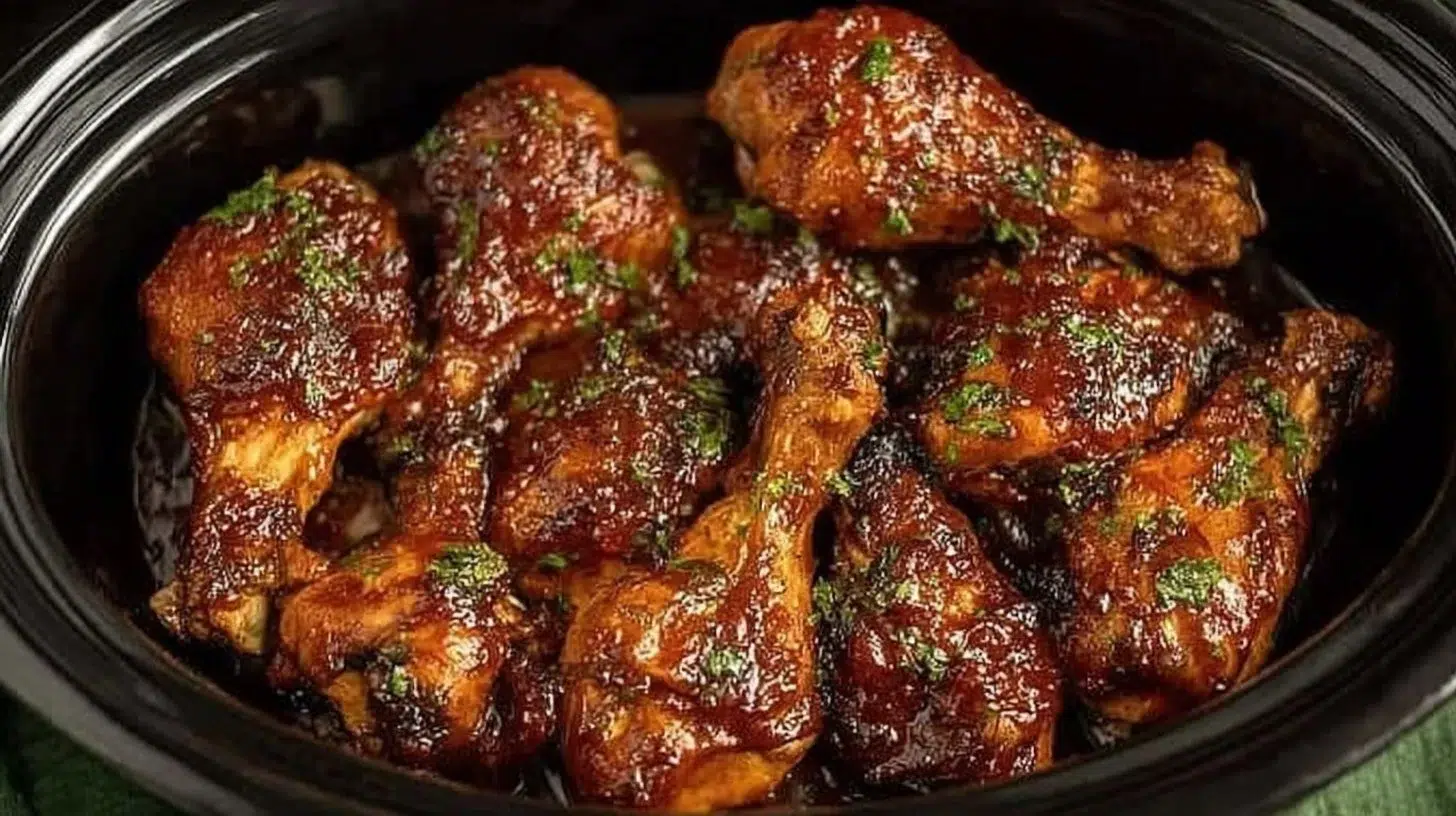 Crock pot BBQ chicken legs served on a plate with barbecue sauce.