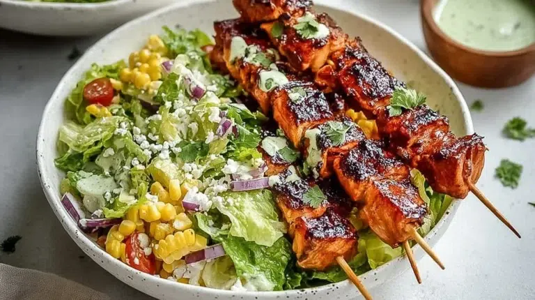 BBQ chicken skewers salad topped with Whole30 herby ranch dressing.