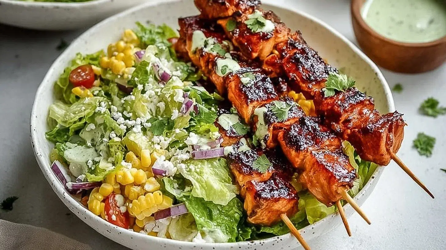 BBQ chicken skewers salad topped with Whole30 herby ranch dressing.