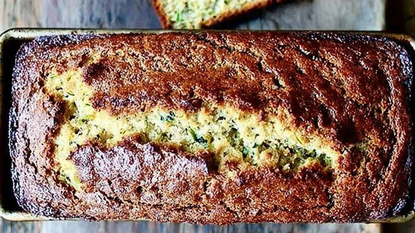 Delicious slice of moist zucchini bread on a wooden table