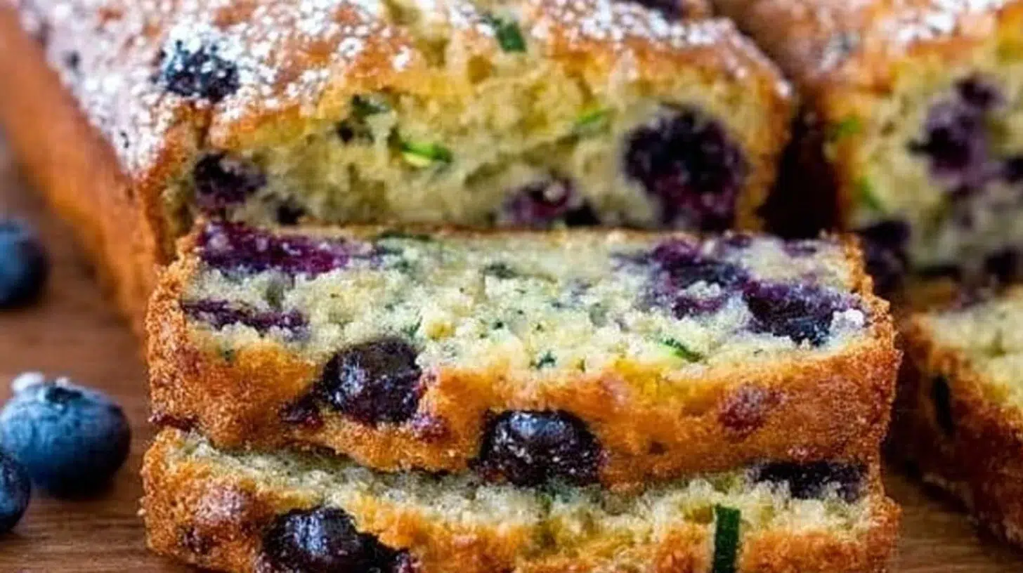 Moist homemade blueberry zucchini bread fresh out of the oven