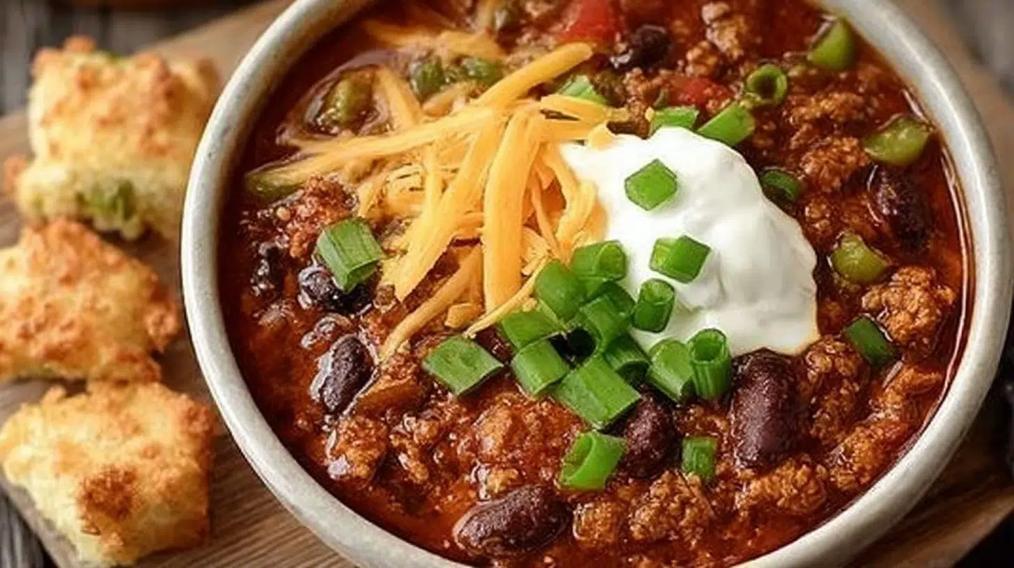 Bowl of Bloody Mary Chili garnished with celery and olives