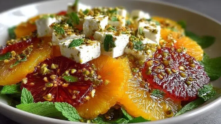 Bright citrus feta salad with oranges, olive oil, and fresh herbs in a bowl