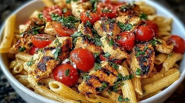 Delicious Bruschetta Chicken Pasta with vibrant tomatoes and basil.