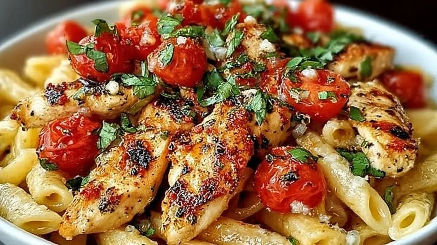 A vibrant plate of Bruschetta Chicken Pasta garnished with fresh herbs and tomatoes.