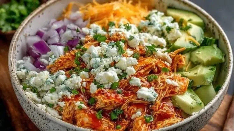 Delicious Buffalo Chicken Bowl with toppings and ingredients