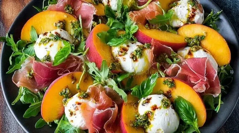Burrata salad with peaches and prosciutto served on a white plate.