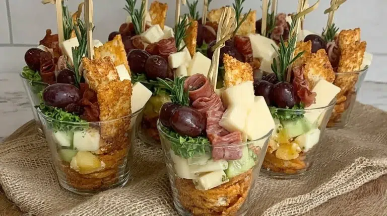 Mini cheese and meat charcuterie cups for parties