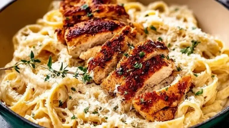 Plate of Chicken Alfredo pasta with grilled chicken and creamy sauce