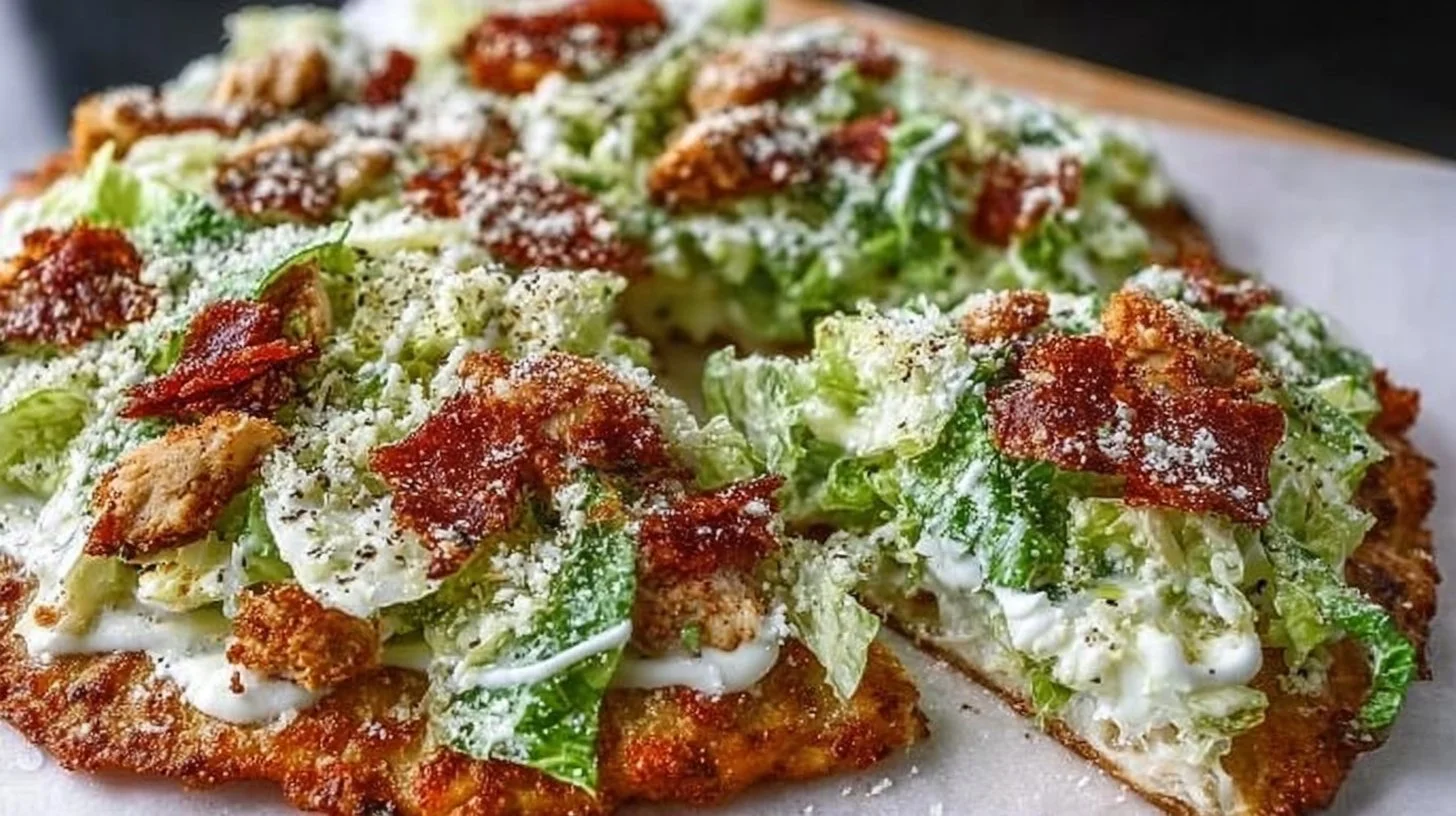 Delicious Chicken Caesar Salad Pizza topped with fresh ingredients
